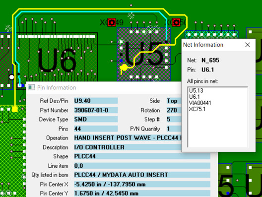 technician troubleshoot find shorts between traces debug and repair PCB schematic hyper-linked to PCB assembly find pins nets netnames part number fast pc board inspection